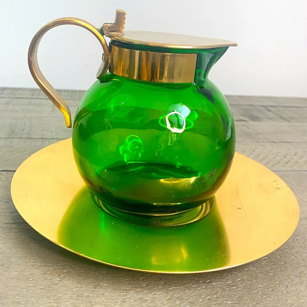 Vintage Emerald Glo Star Cut Green Glass Brass Pitcher Saucer National SilverCo